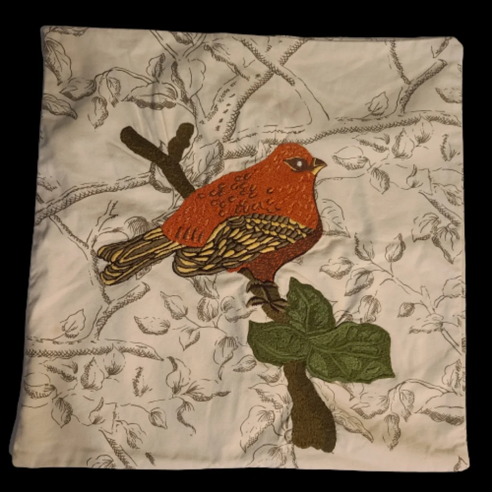 Set of 2 Pottery Barn Accents Embroidered Bird Decorative Pillow Covers.